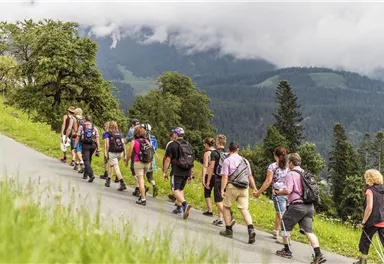 Eine Gruppe von Wanderern geht einen malerischen Weg entlang, umgeben von grünen Wiesen und Bergen. Der Himmel ist bewölkt und die Landschaft vermittelt ein Gefühl von natürlicher Ruhe.