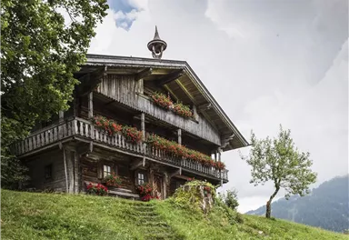 Ein charmantes Holzhaus mit bunten Blumenbalkonen steht auf einer Wiese. Im Hintergrund sind sanfte Hügel und ein bewölkter Himmel zu sehen.