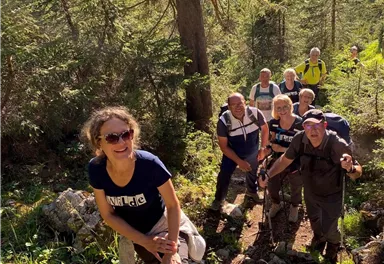 Eine Gruppe von Wanderern steht auf einem Waldweg und steigt bergauf. Die Sonne scheint durch die Bäume und die Atmosphäre ist fröhlich und aktiv.