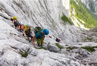 Eine Gruppe von Bergsteigern klettert an einem steilen, felsigen Hang. Im Hintergrund sind grüne Bäume und Berge sichtbar.