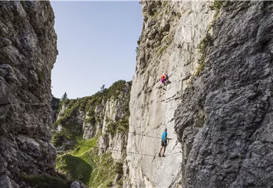 Zwei Kletterer erklimmen eine steile Felswand in einer beeindruckenden Landschaft. Im Hintergrund sind grüne Wiesen und ein klarer Himmel zu sehen.
