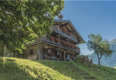 Ein traditionelles Holzhaus mit Balkon und Blumenkästen. Es liegt in einer grünen Landschaft unter einem klaren blauen Himmel.