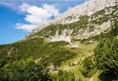 Eine malerische Berglandschaft mit steilen Felsen und grünem Hang. Im Vordergrund sind vereinzelte Bäume und ein kleines Gebäude zu sehen.