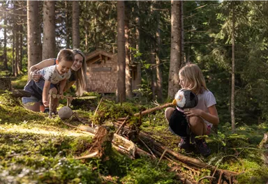 Kinder spielen im Wald und erkunden die Natur. Im Hintergrund ist ein Holzhaus zwischen den Bäumen zu sehen.