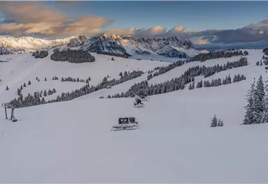 Eine verschneite Winterlandschaft mit majestätischen Bergen im Hintergrund. Skilifte und Tannenbäume prägen die ruhige Szene.