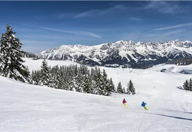 Zwei Skifahrer fahren durch die verschneite Landschaft. Im Hintergrund sind majestätische Berge und eine klare, blaue Himmel zu sehen.