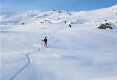Eine verschneite Landschaft mit mehreren Skifahrern. Der Himmel ist klar und blau.