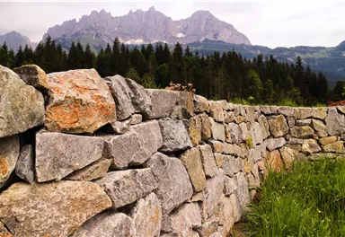 Eine Steinmauer erstreckt sich durch eine grüne Wiese. Im Hintergrund sind majestätische Berge und bewaldete Hügel zu sehen.