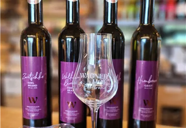 Eine Auswahl von Flaschen mit edlen Weinen steht auf einem Tisch. Dazu sind zwei Weingläser platziert, bereit zum Genießen.