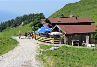 Ein gemütliches Bergrestaurant mit einer Terrasse und einer blauen Markise. Umgeben von grünen Wiesen und Bergen, haben Besucher die Möglichkeit, die Natur zu genießen.