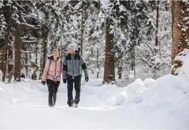 Ein Paar spaziert durch eine schneebedeckte Waldlandschaft. Die Bäume sind mit Schnee bedeckt und die Umgebung wirkt winterlich und friedlich.