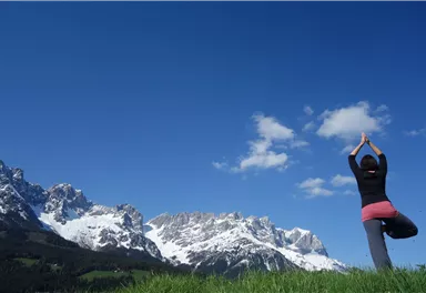 Eine Person praktiziert Yoga auf einer grünen Wiese vor schneebedeckten Bergen unter einem klaren blauen Himmel. Die Szenerie strahlt Ruhe und Harmonie aus.