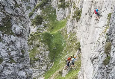 Eine Gruppe von Kletterern bewältigt eine Felswand in den Bergen. Die Umgebung ist grün und felsig, ideal für Outdoor-Abenteuer.