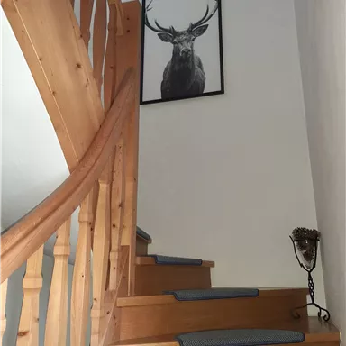 Eine Treppe aus Holz mit einem geschwungenen Geländer. An der Wand hängt ein eingerahmtes Bild eines stehenden Rehs.