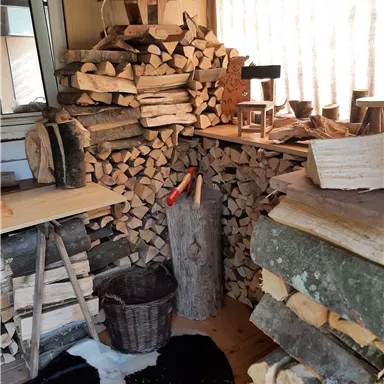 Ein gemütlicher Raum mit gestapeltem Brennholz und einem Holzstamm. Ein Holzstuhl und ein Korb ergänzen die rustikale Atmosphäre.