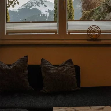 A cozy living room with a dark gray sofa and cushions. A snow-covered mountain can be seen through the window.