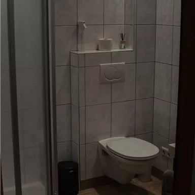 A modern bathroom with a shower, a toilet, and a sink. The walls are tiled with light-colored tiles.