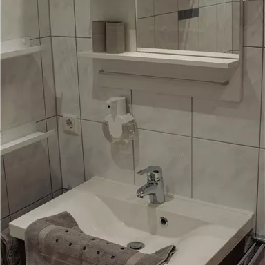 A modern bathroom with a sink and a mirror. Towels and toiletries are arranged on the shelves.