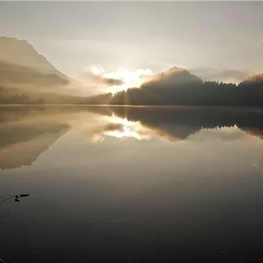 A serene lake with reflective waters and gentle mountain forms in the background. The morning sun shines through the fog, creating a peaceful atmosphere.