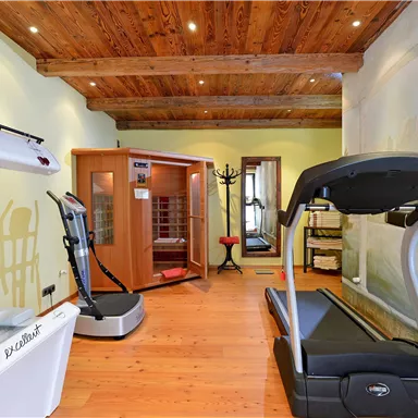 A modern fitness room with a treadmill, an infrared cabin, and a solarium. The wooden ceiling and the wall painting give the room an inviting atmosphere.
