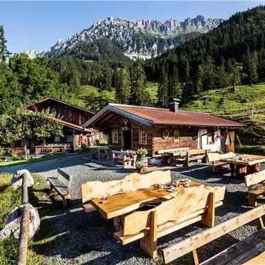 Hofeigene Almhütte in einer schönen Berglandschaft. Im Vordergrund stehen Holztische und Bänke unter einem klaren Himmel.
Nur Sommerbetrieb.