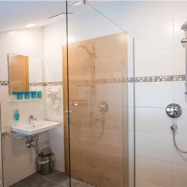 Ein modernes Badezimmer mit einer begehbaren Dusche aus Glas und Holz. Es gibt ein Waschbecken sowie Pflegeprodukte in blauen Flaschen.