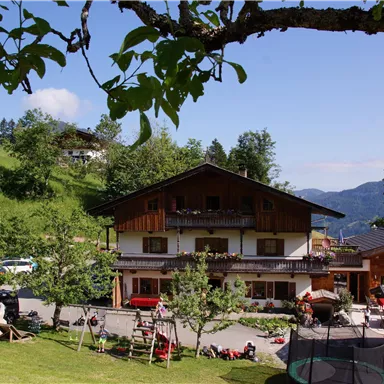 Ein rustikales Gebäude in einer malerischen Berglandschaft. Die Umgebung ist grün mit Bäumen und einem klaren blauen Himmel.