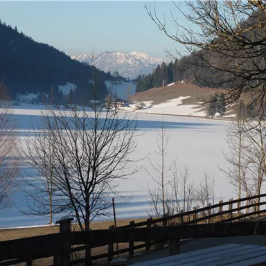 A winter landscape with a snow-covered lake and snow-covered mountains in the background. In the foreground, trees and a wooden railing are visible.