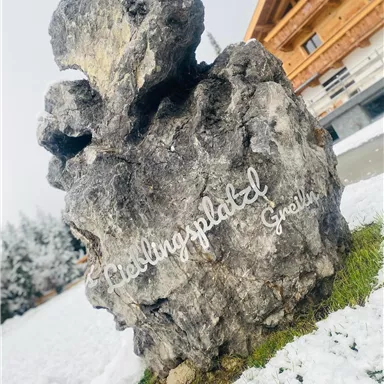 A large rock in a snowy landscape with a building in the background. The rock bears the inscription "Favorite Place".