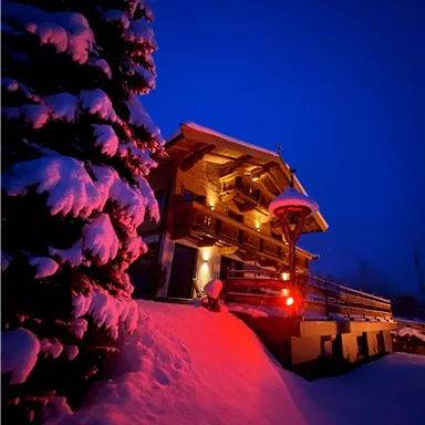 A cozy wooden house in the snow, illuminated by warm light. Surrounded by snow-covered trees and the sky is dark blue.