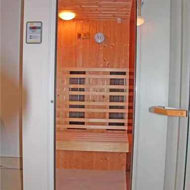 A modern sauna with wooden shelves and soft lighting. The glass front provides a view inside.