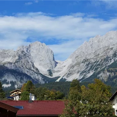 Eine majestätische Berglandschaft mit hohen Felsen und grünen Wäldern. Der Himmel ist klar und blau, was die Schönheit der Natur hervorhebt.