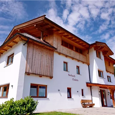 A modern house in Alpine style with wooden cladding and a clear sky. Surrounded by greenery and trees.