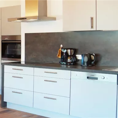 Eine moderne Küche mit hellen Schränken und einer eleganten Arbeitsplatte. Der Raum ist gut ausgestattet mit einer Kaffeemaschine und einem Geschirrspüler.