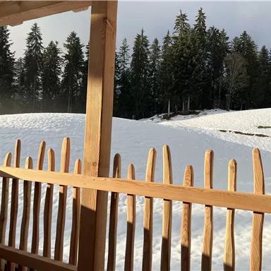 Eine verschneite Landschaft mit einem Holzzaun im Vordergrund. Dahinter sieht man Nadelbäume und sanfte Hügel.