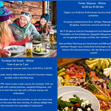A cozy winter getaway in the Tyrolean mountains with cheerful guests. There is a selection of hearty dishes and drinks on a rustic table.