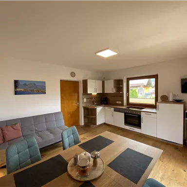 A modern apartment with an open living area. The kitchen is well equipped and light pours in nicely through the window.