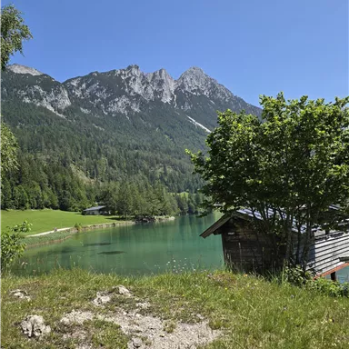 Eine ruhige Landschaft mit einem klaren See und grünen Wiesen. Im Hintergrund erhebt sich ein majestätischer Gebirgszug unter blauem Himmel.