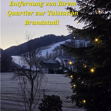 A winter landscape with a view of mountains and houses. A snow-covered ground and a decorated tree can also be seen.