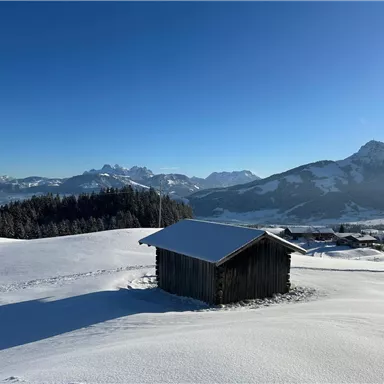 Eine idyllische Winterlandschaft mit schneebedeckten Feldern und einem kleinen Holzhaus. Im Hintergrund sind majestätische Berge und ein klarer blauer Himmel zu sehen.