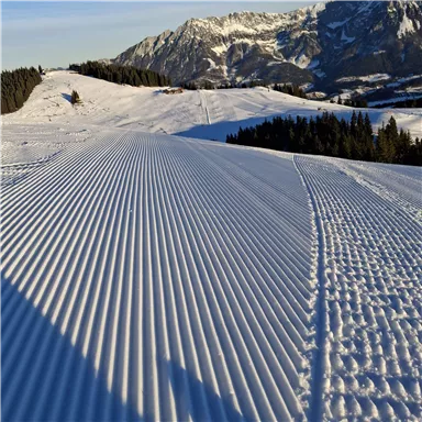 Eine verschneite Landschaft mit gut präparierten Pisten und majestätischen Bergen im Hintergrund. Der Himmel ist klar und die Sonne scheint auf den Schnee.