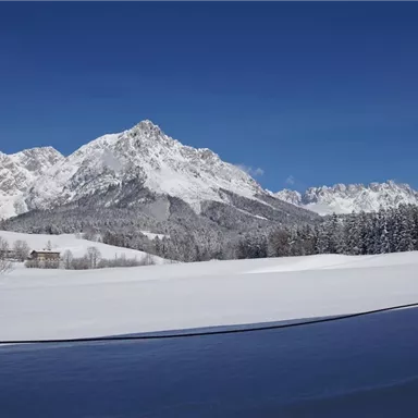 Eine schneebedeckte Landschaft mit majestätischen Bergen im Hintergrund. Der klar blaue Himmel sorgt für eine idyllische Winteratmosphäre.
