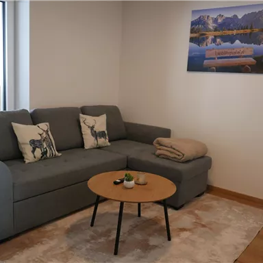 Ein gemütliches Wohnzimmer mit einem grauen Sofa und einem Couchtisch. An der Wand hängt ein Landschaftsbild und das Licht fällt durch ein Fenster.