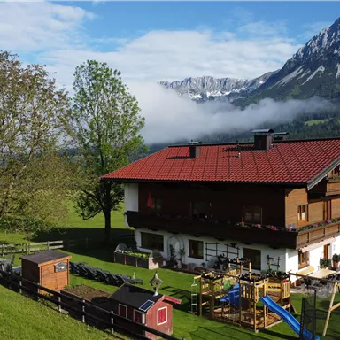 Ein malerisches Haus mit rotem Dach, umgeben von einer grünen Wiese und majestätischen Bergen im Hintergrund. Der Garten bietet einen Spielplatz und einen kleinen Stall.