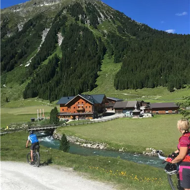 A picturesque mountain landscape with a green meadow and a clear river. In the background stands a wooden house and cyclists are exploring the area.
