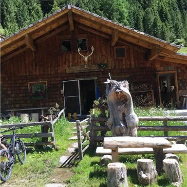 A rustic wooden house surrounded by green vegetation and tall trees. In front of the house, there is a wooden bench and a table.