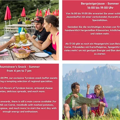 A group of people is enjoying a varied snack buffet outdoors, surrounded by a magnificent mountain landscape. The atmosphere is relaxed and inviting, perfect for socializing and enjoyment.