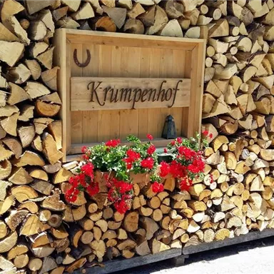 A stack of wood is piled against a wall. On top of it, there is a wooden sign with the inscription "Krumpenhof" and some red flowers.