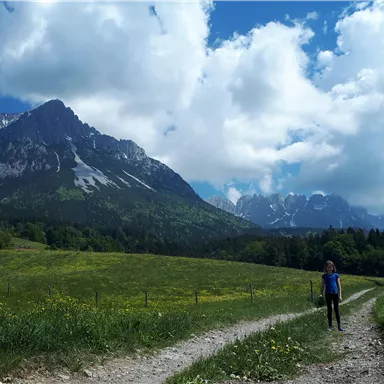 A hiker on a path through a green meadow with mountains in the background. The sky is blue with some clouds.