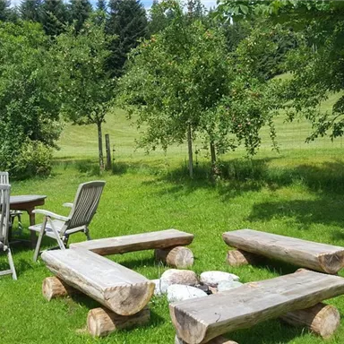 A cozy garden with a wooden table and chairs. Surrounded by trees and a green meadow, there is a wooden fire pit.